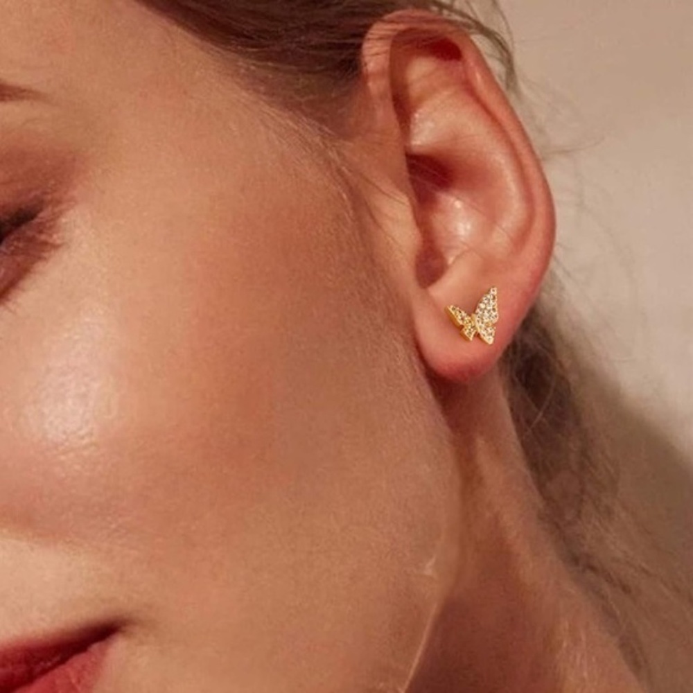 GOLD 14k Gold Plated Cubic Zirconia Butterfly Stud Earrings